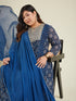 Janasya Women's Plus Size Dark Blue Georgette Ajrakh Printed Embellished Anarkali Kurta Set